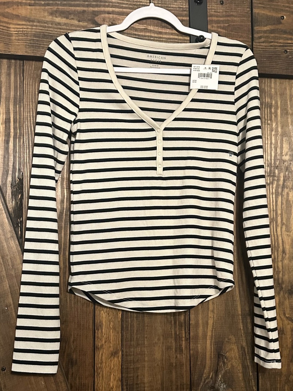 American Eagle Outfitters Black & White Striped Henley Long-Sleeve Top